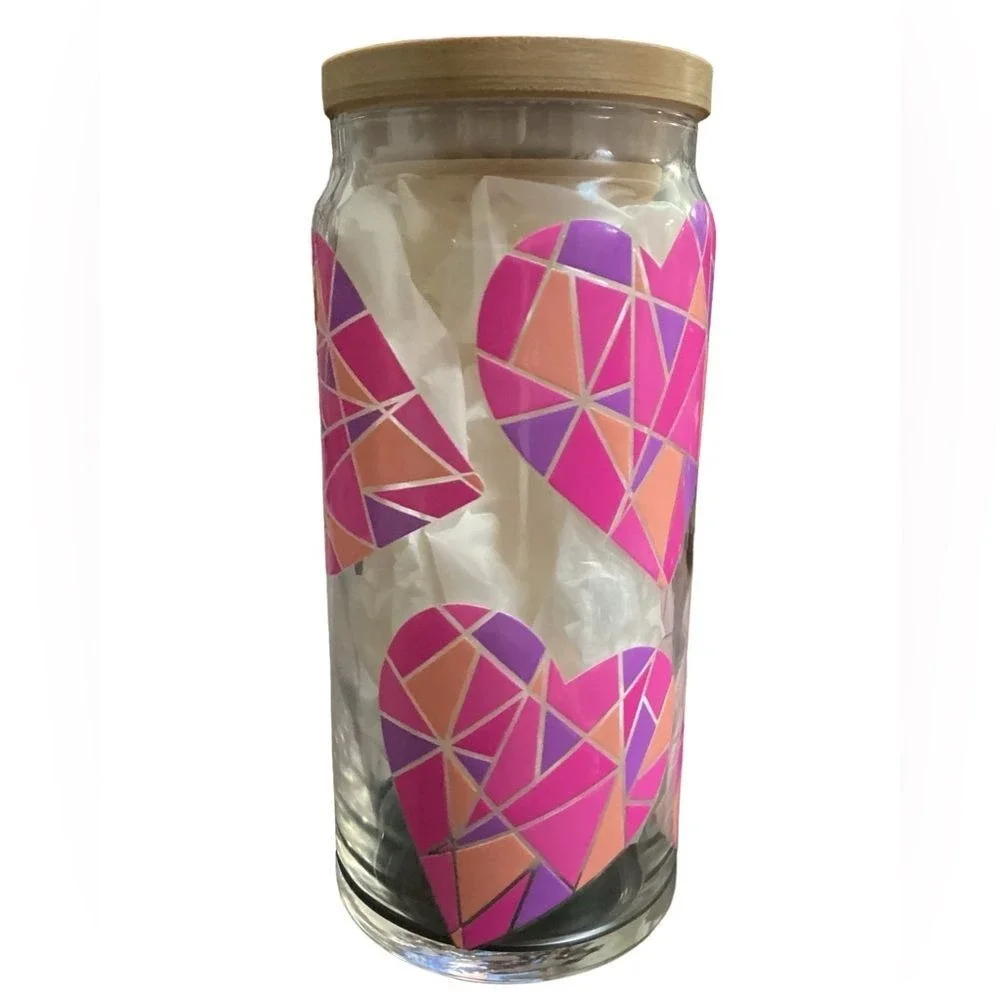 Glass Tumbler With Bamboo Lid Geometric Heart Design Pink Purple
